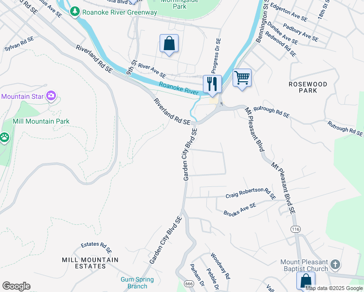 map of restaurants, bars, coffee shops, grocery stores, and more near 2253 Garden City Boulevard Southeast in Roanoke