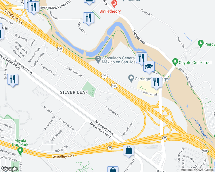 map of restaurants, bars, coffee shops, grocery stores, and more near 146 Southsun Court in San Jose