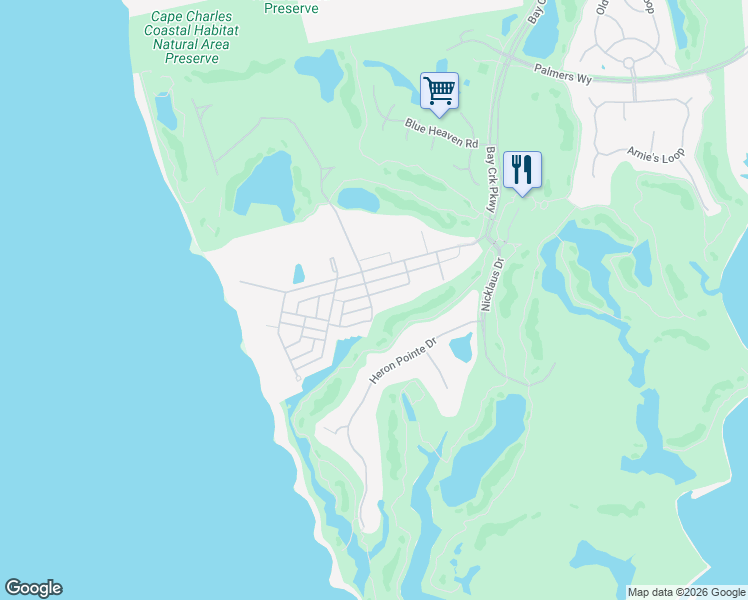 map of restaurants, bars, coffee shops, grocery stores, and more near 313 Capt Orris Browne in Cape Charles