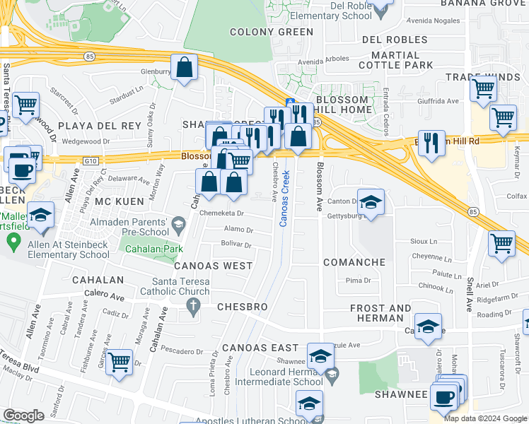 map of restaurants, bars, coffee shops, grocery stores, and more near 5723 Saxony Court in San Jose