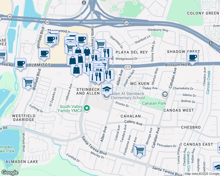 map of restaurants, bars, coffee shops, grocery stores, and more near in San Jose