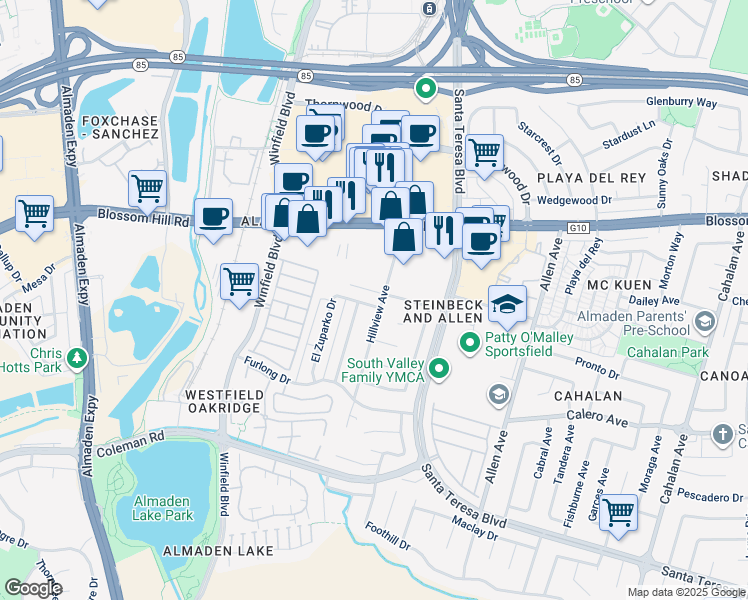 map of restaurants, bars, coffee shops, grocery stores, and more near 909 El Lisa Drive in San Jose