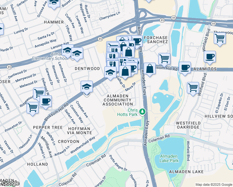 map of restaurants, bars, coffee shops, grocery stores, and more near 5650 Hoffman Court in San Jose