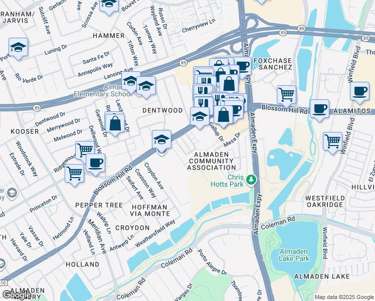 map of restaurants, bars, coffee shops, grocery stores, and more near 5679 Hoffman Court in San Jose