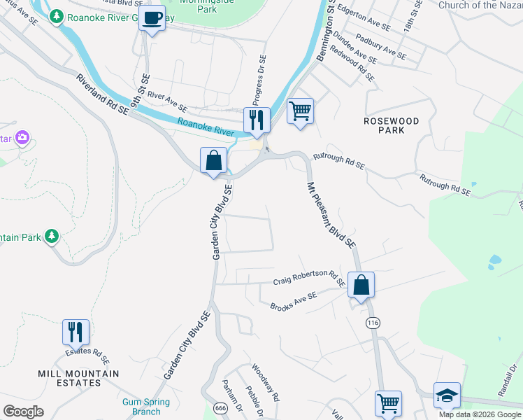 map of restaurants, bars, coffee shops, grocery stores, and more near 1372 Rose Avenue Southeast in Roanoke