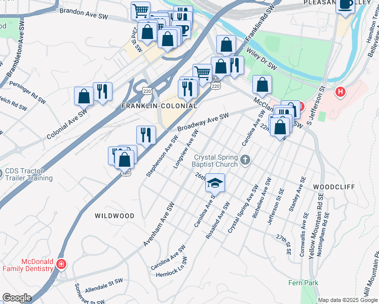 map of restaurants, bars, coffee shops, grocery stores, and more near 2504 Longview Avenue Southwest in Roanoke