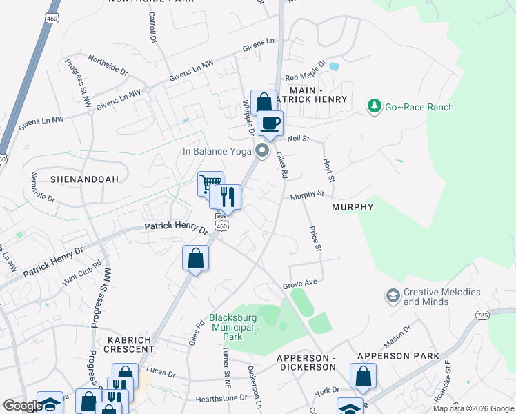 map of restaurants, bars, coffee shops, grocery stores, and more near 105 Tee Street in Blacksburg