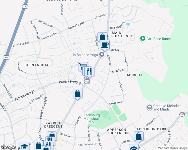 map of restaurants, bars, coffee shops, grocery stores, and more near 1448-1500 N Main St in Blacksburg