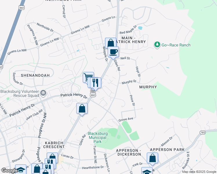 map of restaurants, bars, coffee shops, grocery stores, and more near 105 Tee Street in Blacksburg