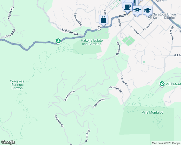 map of restaurants, bars, coffee shops, grocery stores, and more near 15389 Bohlman Road in Saratoga