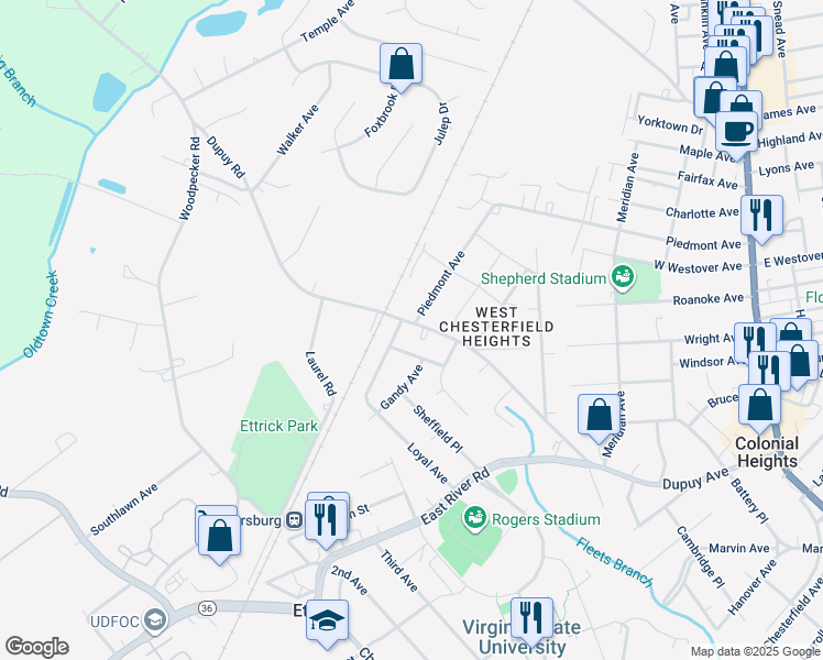 map of restaurants, bars, coffee shops, grocery stores, and more near 3413 Dupuy Road in Petersburg