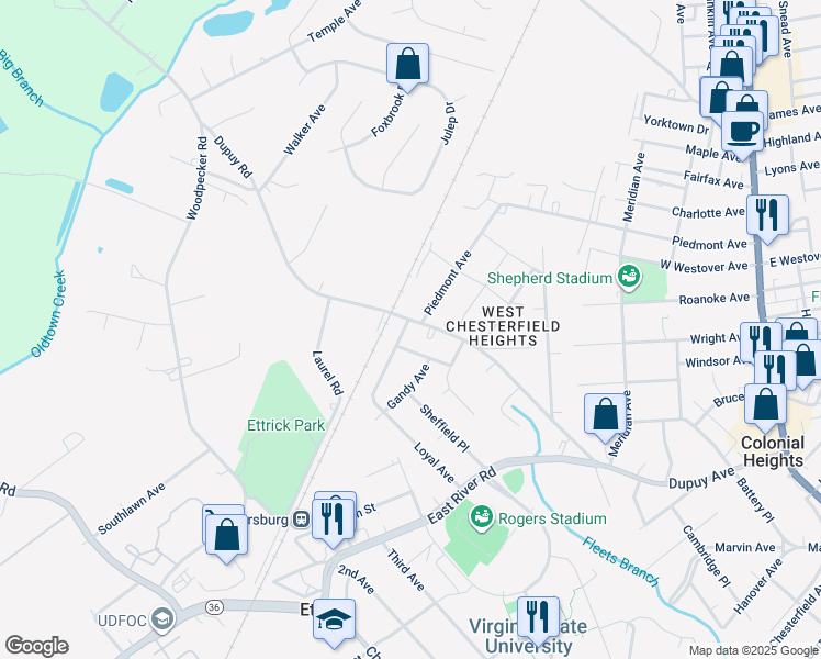 map of restaurants, bars, coffee shops, grocery stores, and more near 3419 Dupuy Road in Ettrick