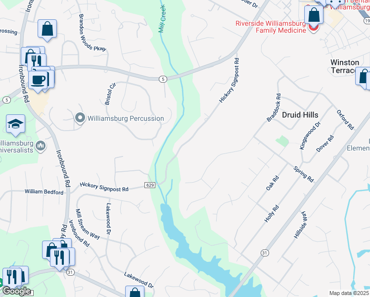 map of restaurants, bars, coffee shops, grocery stores, and more near 4863 Hickory Signpost Road in Williamsburg