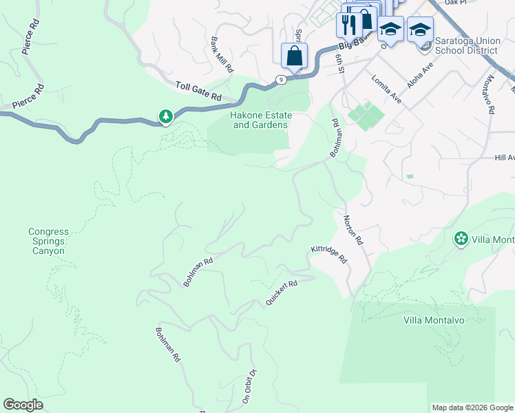 map of restaurants, bars, coffee shops, grocery stores, and more near 15345 Bohlman Road in Saratoga