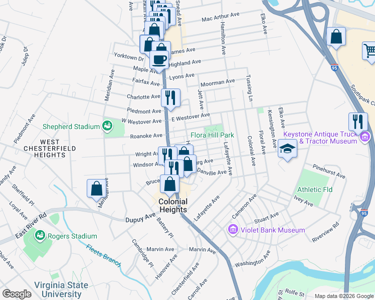 map of restaurants, bars, coffee shops, grocery stores, and more near 126 Suffolk Avenue in Colonial Heights