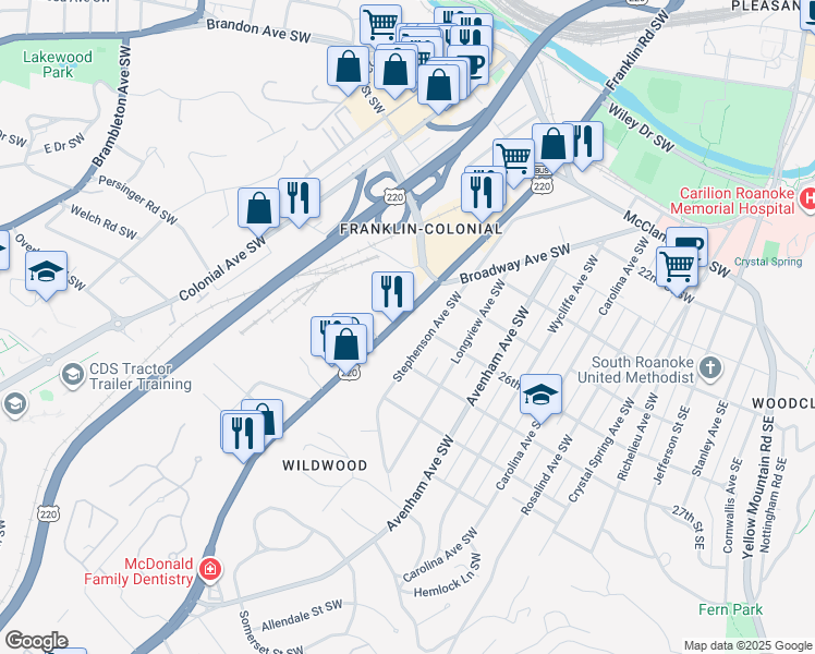 map of restaurants, bars, coffee shops, grocery stores, and more near 2602 Franklin Road Southwest in Roanoke