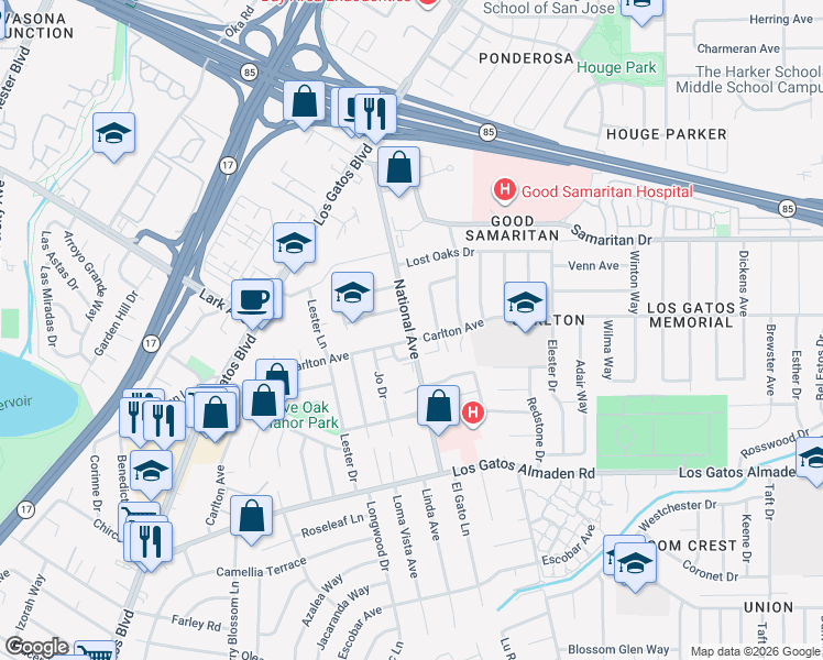 map of restaurants, bars, coffee shops, grocery stores, and more near 4886 National Avenue in San Jose