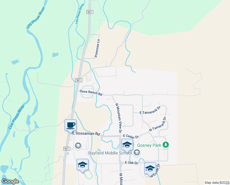 map of restaurants, bars, coffee shops, grocery stores, and more near 503 Dove Ranch Rd in Bayfield