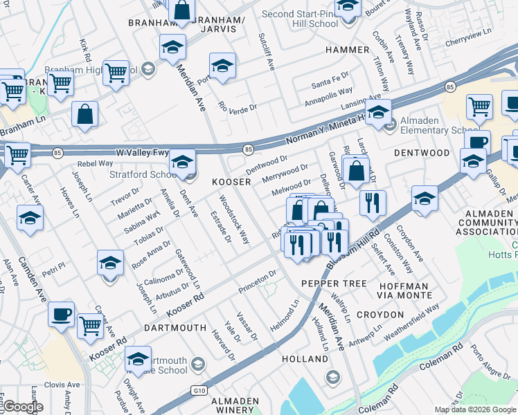 map of restaurants, bars, coffee shops, grocery stores, and more near 5315 Calderwood Lane in San Jose