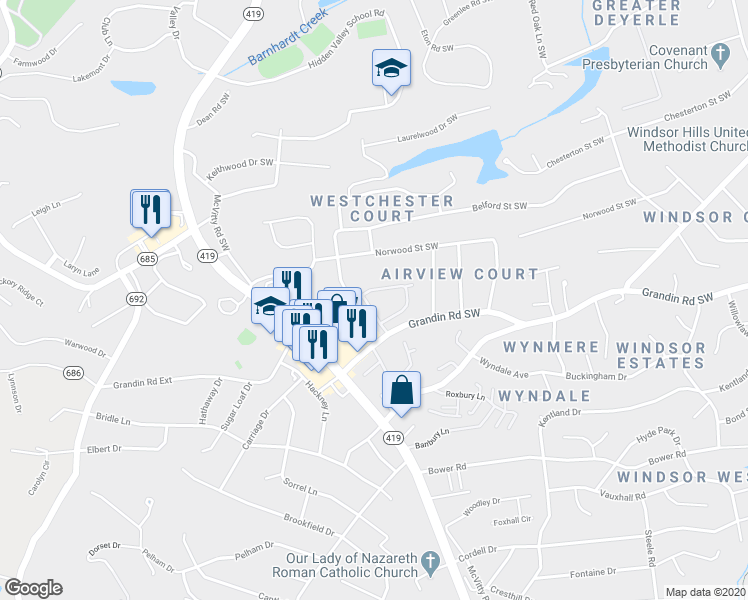 map of restaurants, bars, coffee shops, grocery stores, and more near 1976 Ashley Lane Southwest in Roanoke