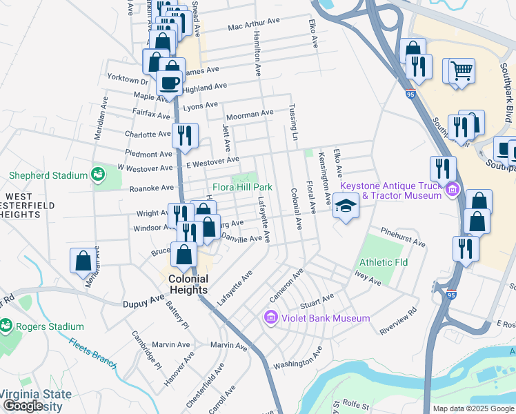 map of restaurants, bars, coffee shops, grocery stores, and more near 714 Lafayette Avenue in Colonial Heights