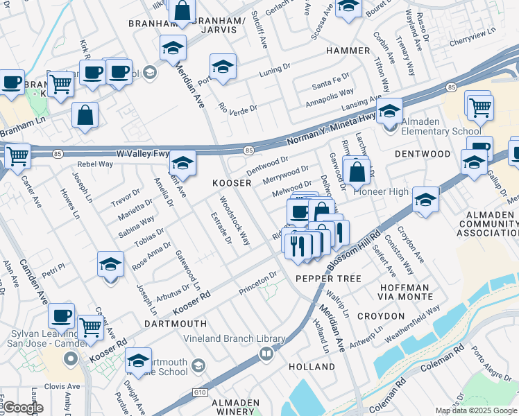 map of restaurants, bars, coffee shops, grocery stores, and more near 5315 Calderwood Lane in San Jose