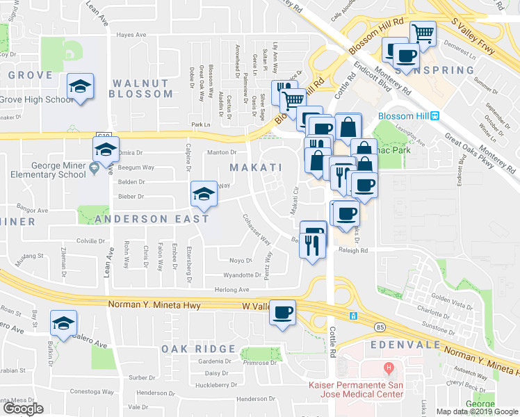 map of restaurants, bars, coffee shops, grocery stores, and more near Beswick Drive in San Jose