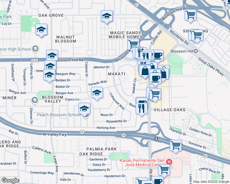 map of restaurants, bars, coffee shops, grocery stores, and more near 5723 Beswick Drive in San Jose