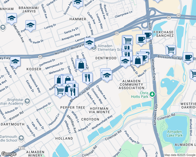map of restaurants, bars, coffee shops, grocery stores, and more near 5400 Southbridge Court in San Jose
