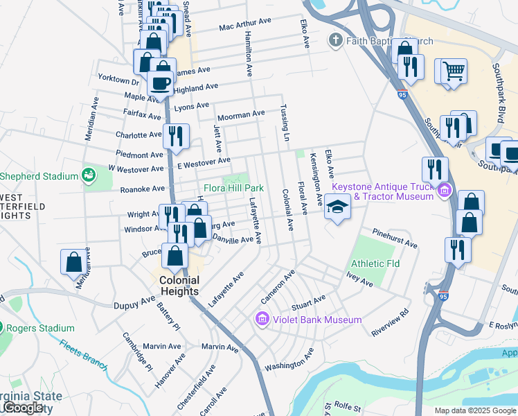 map of restaurants, bars, coffee shops, grocery stores, and more near 711 Lafayette Avenue in Colonial Heights