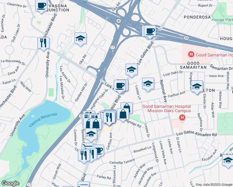 map of restaurants, bars, coffee shops, grocery stores, and more near 16500 Lark Avenue in Los Gatos
