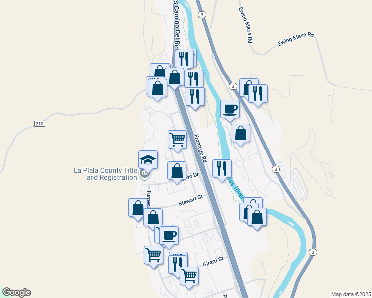 map of restaurants, bars, coffee shops, grocery stores, and more near 523 South Camino Del Rio in Durango