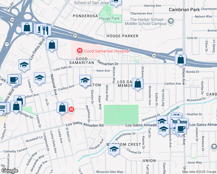 map of restaurants, bars, coffee shops, grocery stores, and more near 4912 Wilma Way in San Jose