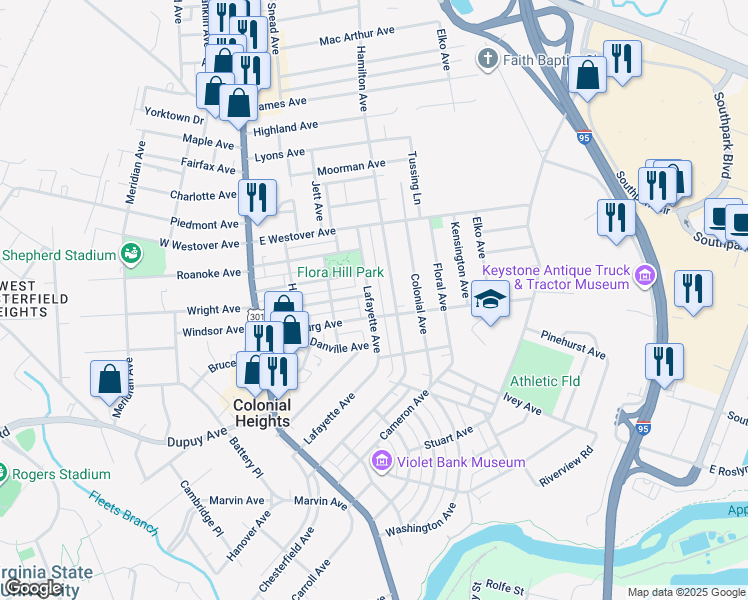 map of restaurants, bars, coffee shops, grocery stores, and more near 711 Lafayette Avenue in Colonial Heights