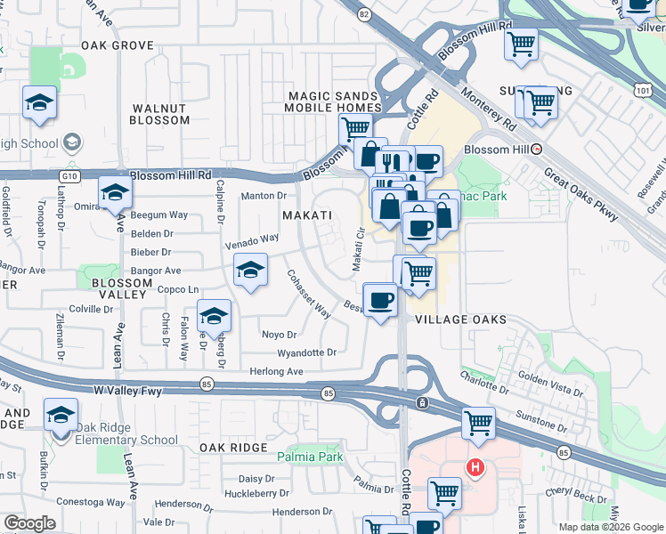 map of restaurants, bars, coffee shops, grocery stores, and more near 5688 Makati Circle in San Jose
