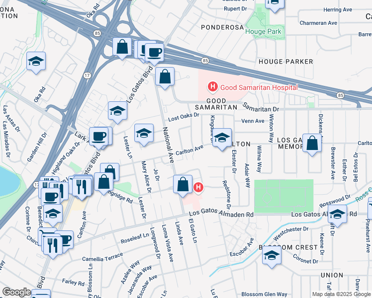 map of restaurants, bars, coffee shops, grocery stores, and more near 4899 Kinghurst Drive in San Jose