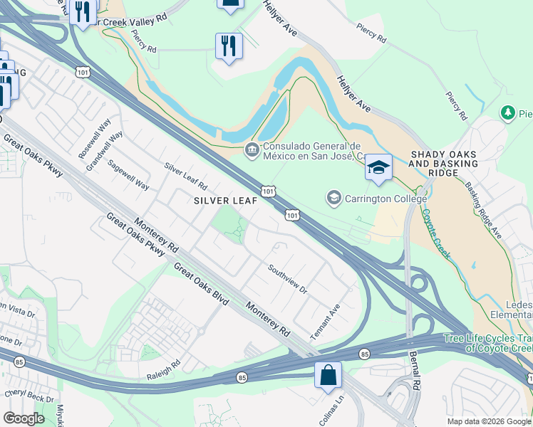 map of restaurants, bars, coffee shops, grocery stores, and more near 129 Southview Court in San Jose