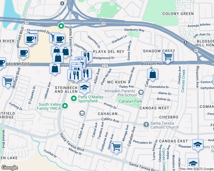 map of restaurants, bars, coffee shops, grocery stores, and more near 5684 Playa Del Rey in San Jose