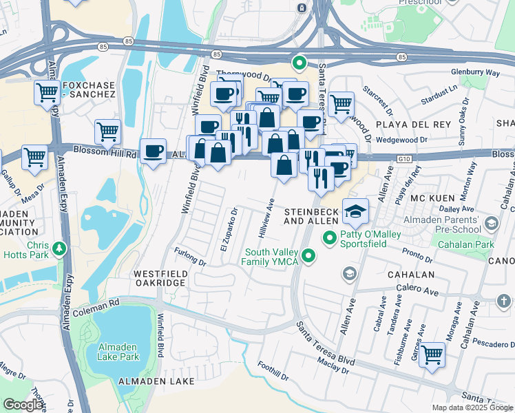 map of restaurants, bars, coffee shops, grocery stores, and more near 909 El Lisa Drive in San Jose