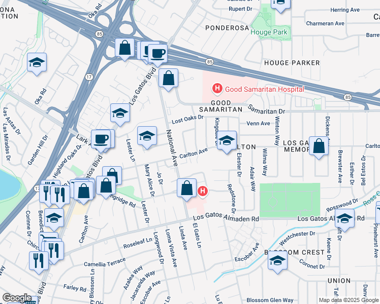 map of restaurants, bars, coffee shops, grocery stores, and more near 4899 Kinghurst Drive in San Jose