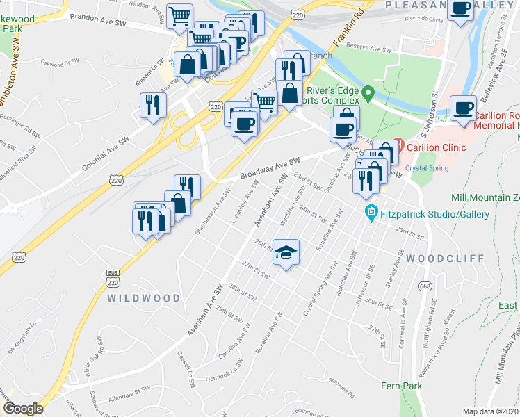 map of restaurants, bars, coffee shops, grocery stores, and more near 2416 Avenham Avenue Southwest in Roanoke