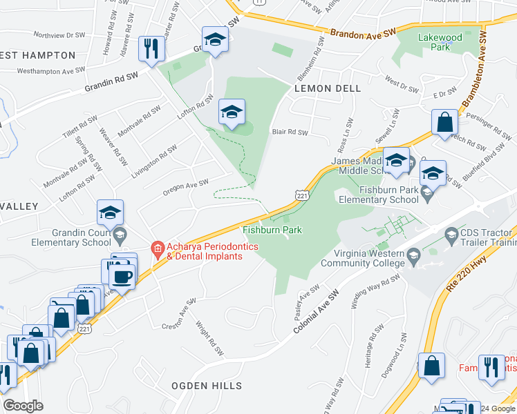 map of restaurants, bars, coffee shops, grocery stores, and more near 2402 Montgomery Avenue Southwest in Roanoke