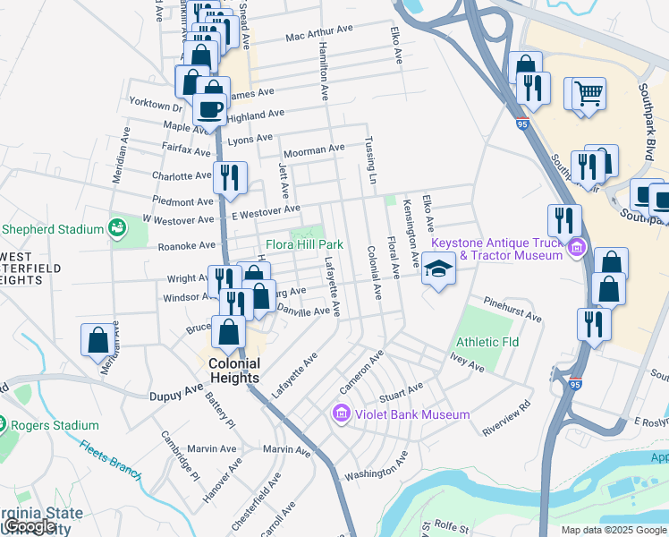 map of restaurants, bars, coffee shops, grocery stores, and more near 714 Lafayette Avenue in Colonial Heights