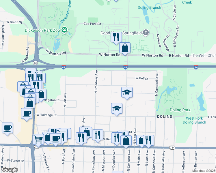 map of restaurants, bars, coffee shops, grocery stores, and more near 910 West Kerr Street in Springfield