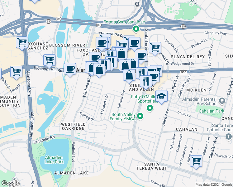 map of restaurants, bars, coffee shops, grocery stores, and more near 909 El Lisa Drive in San Jose