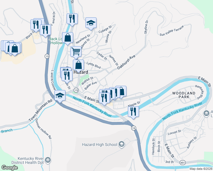 map of restaurants, bars, coffee shops, grocery stores, and more near 716 Walnut Street in Hazard