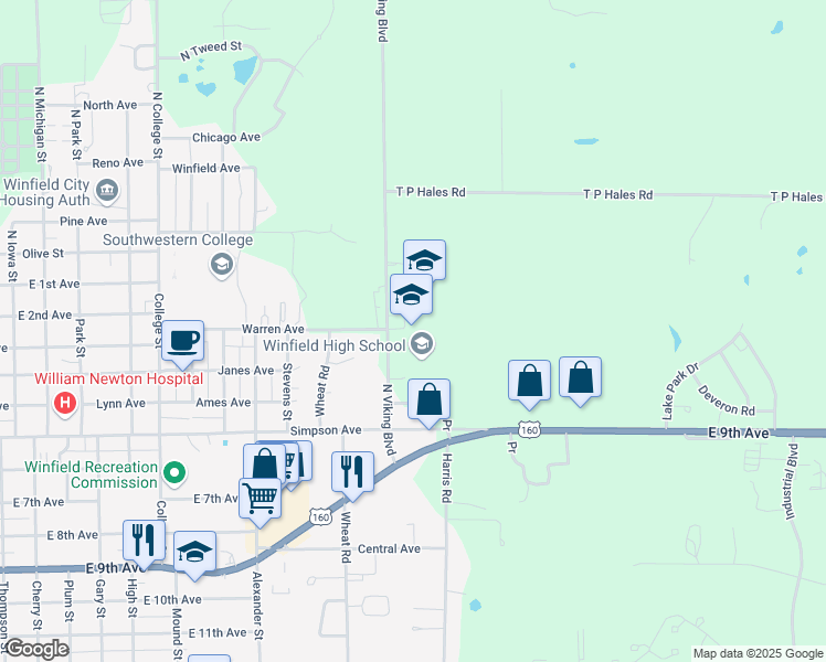 map of restaurants, bars, coffee shops, grocery stores, and more near 300 North Viking Boulevard in Winfield