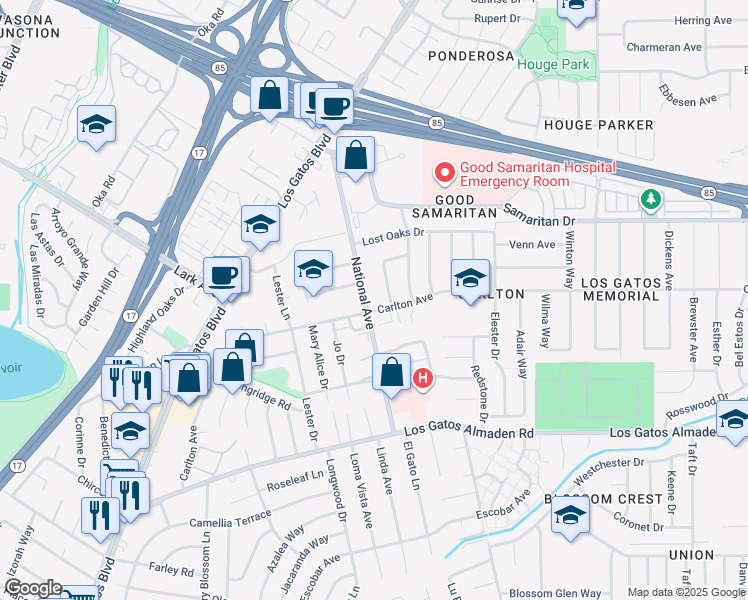 map of restaurants, bars, coffee shops, grocery stores, and more near 4886 National Avenue in San Jose