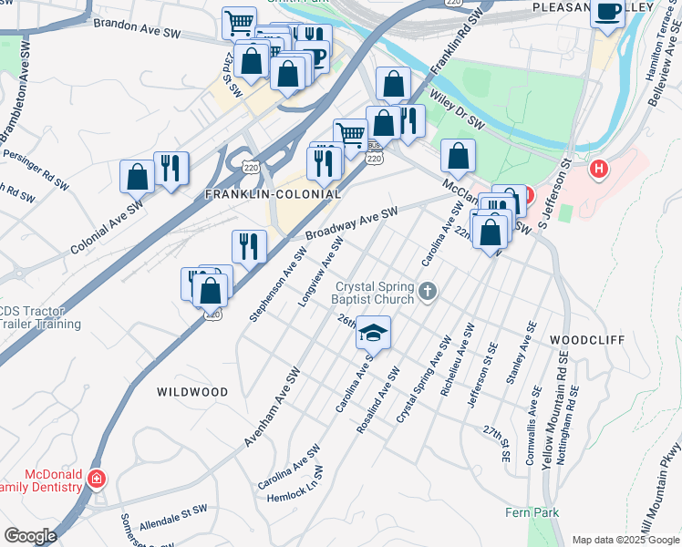map of restaurants, bars, coffee shops, grocery stores, and more near 2429 Avenham Avenue Southwest in Roanoke