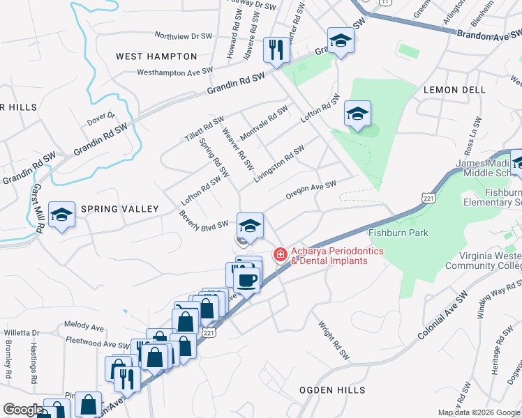 map of restaurants, bars, coffee shops, grocery stores, and more near 2641 Oregon Avenue Southwest in Roanoke